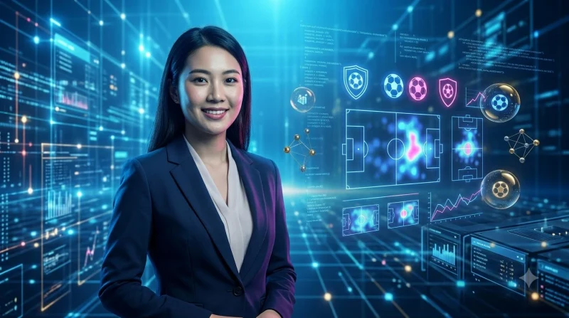 Ảnh minh họa giao diện kèo châu Á với các thẻ trận đấu phát sáng và dữ liệu đội bóng trên nền stadium