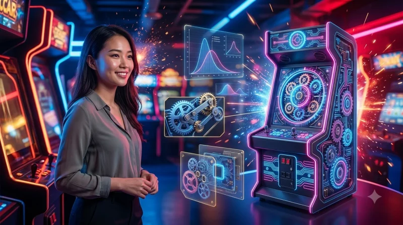 Biểu tượng vòng quay arcade spin game 88CLB bị nứt với các dấu hỏi phát sáng xung quanh
