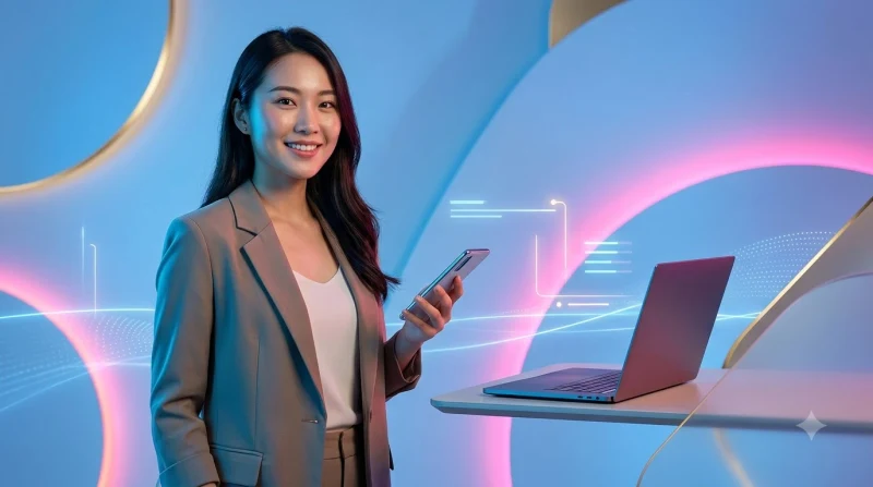 Điện thoại thông minh và máy tính xách tay đặt cạnh nhau với biểu tượng cân bằng phát sáng, minh họa tiêu chí so sánh giữa hai thiết bị cho 88CLB