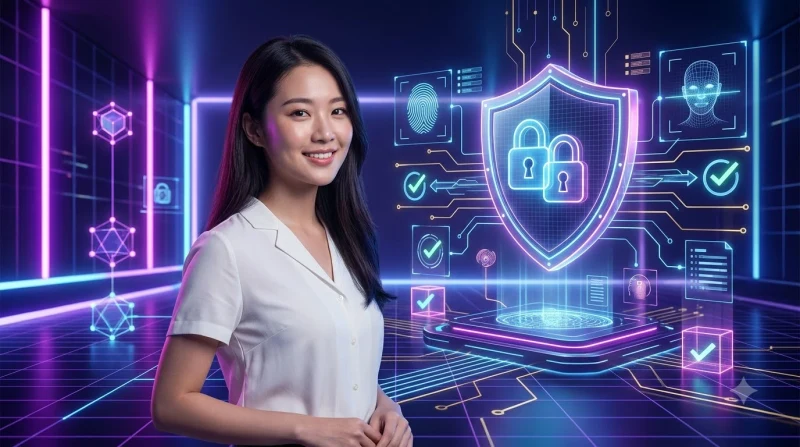 Điện thoại thông minh với các biểu tượng bảo mật như khóa, vân tay và khiên