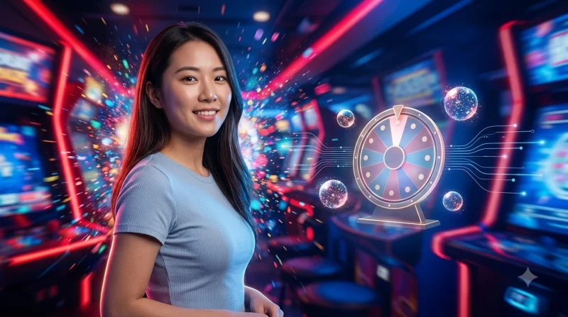 Dòng ánh sáng kết nối vòng quay arcade spin game 88CLB với các biểu tượng phần thưởng
