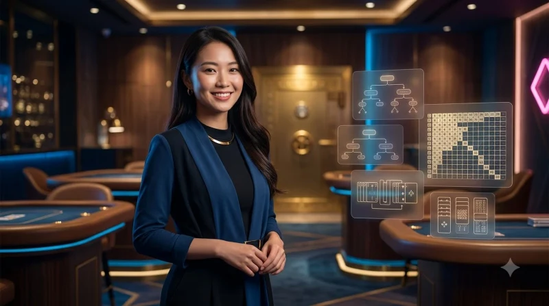 Hình ảnh minh họa chiến lược chọn cách xếp bài mậu binh với ánh sáng neon và hiệu ứngfocus.