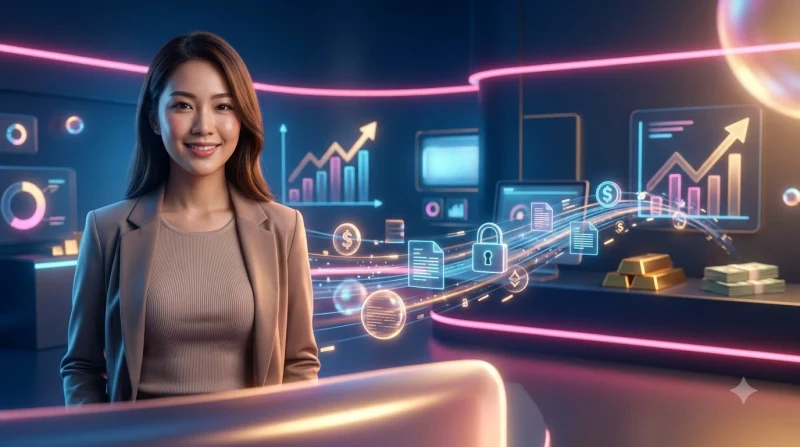 Hình minh họa lợi ích của việc tạo tài khoản trực tuyến với biểu tượng tăng trưởng và biểu đồ