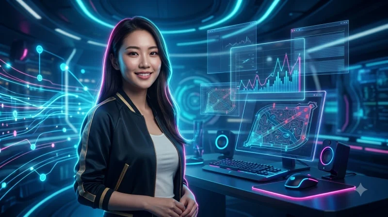 Không khí sôi động tại một giải đấu thể thao điện tử lớn với ánh sáng sân khấu rực rỡ.