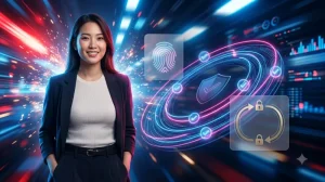 Minh họa rủi ro an ninh mạng với giao diện đăng nhập kỹ thuật số và luồng dữ liệu.