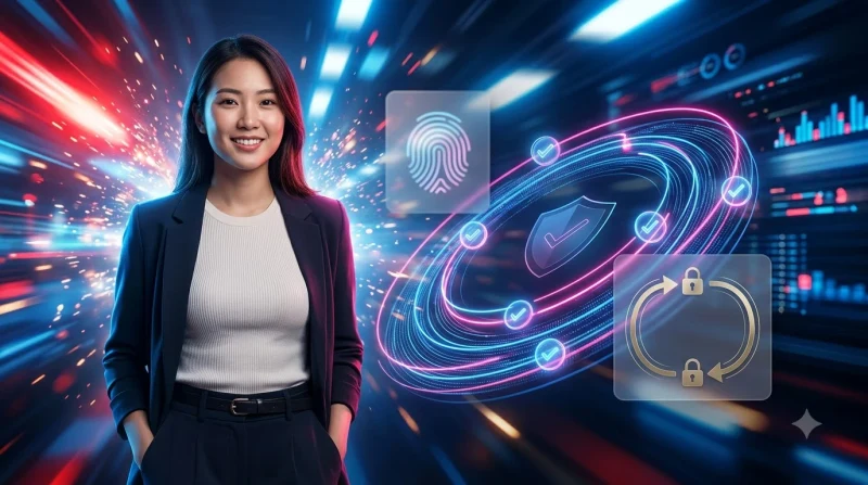 Minh họa rủi ro an ninh mạng với giao diện đăng nhập kỹ thuật số và luồng dữ liệu.