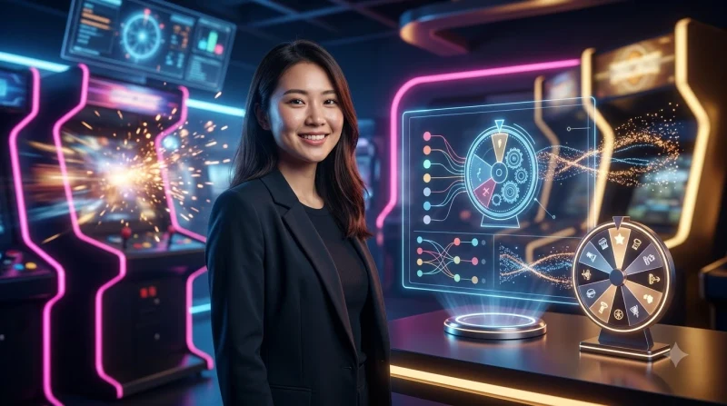 Người chơi quan sát vòng quay arcade spin game 88CLB phát sáng trong không gian tối