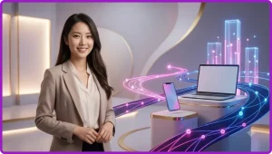 Người dùng cầm điện thoại thông minh bên cạnh máy tính xách tay trên bàn làm việc, thể hiện sự lựa chọn thiết bị phù hợp cho trải nghiệm 88CLB