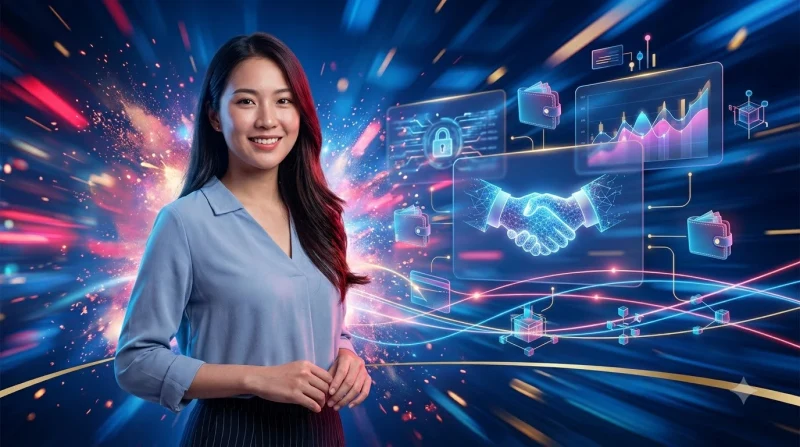 Người dùng đứng trước biểu tượng khiên bảo mật với khóa và các biểu tượng tin cậy, an toàn