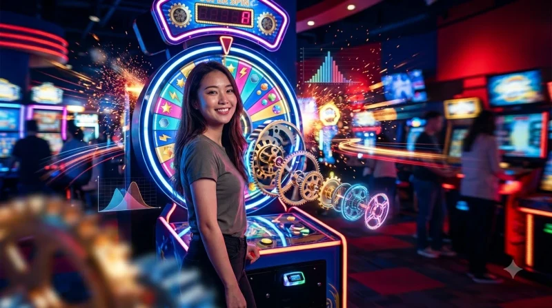 Vòng quay arcade spin game 88CLB kết hợp với các khối hội thoại phát sáng thể hiện phần giải đáp thắc mắc