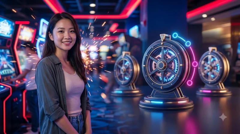 Vòng quay arcade spin game 88CLB với năm bước vận hành được minh họa bằng các viên đá phát sáng